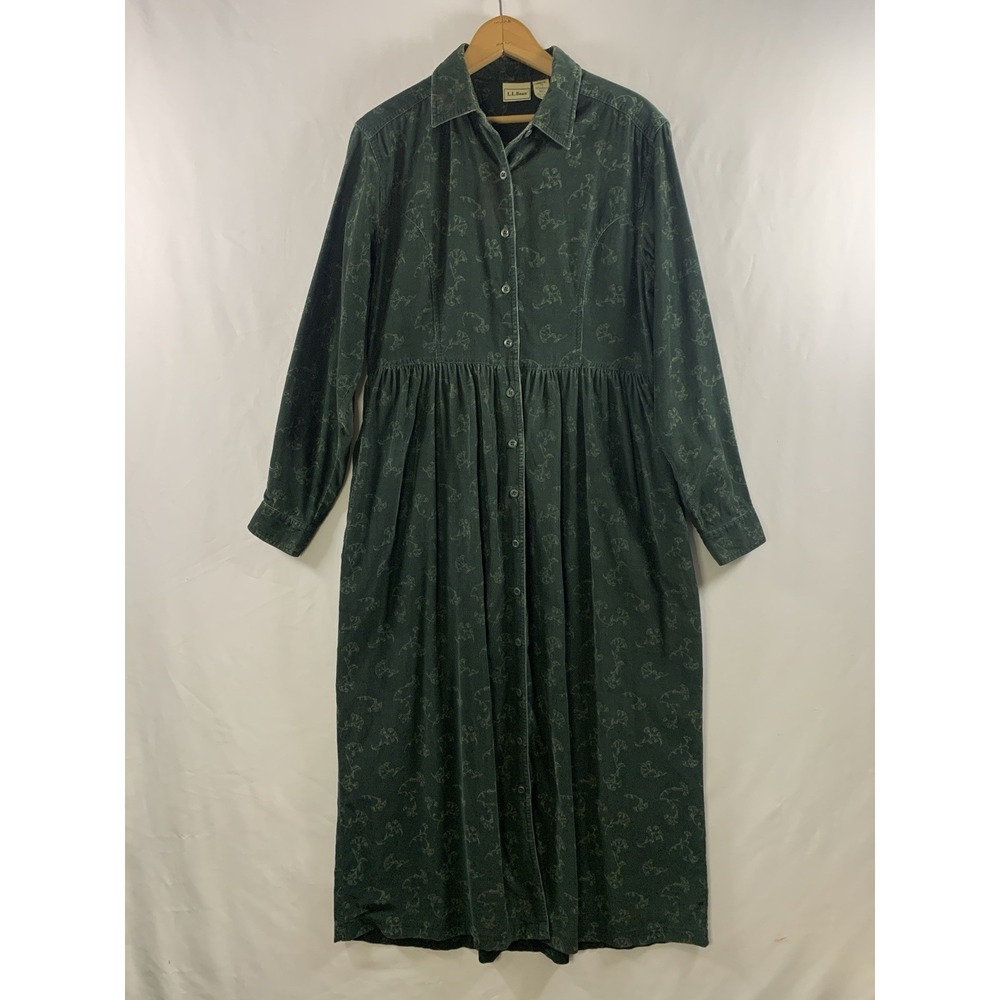 VTG 90s LL Bean Floral Corduroy Long Sleeve Maxi Shirt Dress Size 10 Pockets